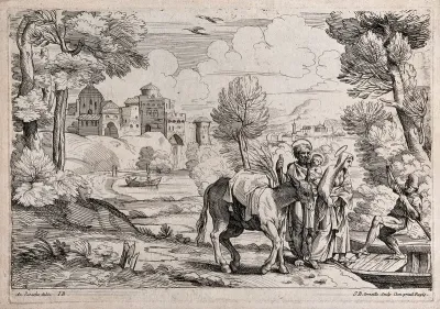 The fugitive holy family board a barge across a river