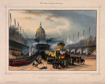 The funeral cortege for Napoleon Bonaparte arrives at the Domes des Invalides in Paris in 1840