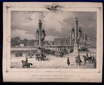 The funeral cortège of the remains of Napoleon Bonaparte passing a bridge in Paris in 1840