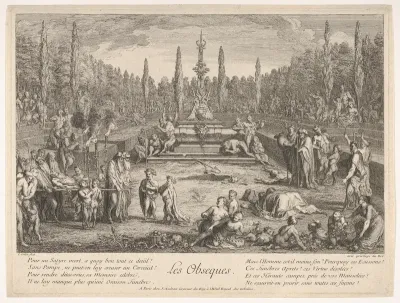 The Funeral (Les Obseques): various satyrs gathered in a clearing, funeral pyre to left, a freshly dug grave and a tomb decorated with satyr heads and antlers in center, upon which musicians are seated, from "The lives of satyrs" (La vie des satyres)