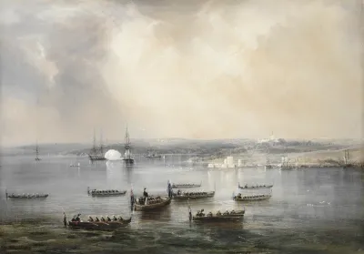 The funeral of Rear Admiral Phillip Parker King, 1856, watercolour by Conrad Martens