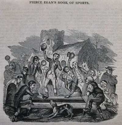 The funeral of Tom Moody, a huntsman: members of the hunt cry "View-halloo" and "Tally-ho!" over his grave