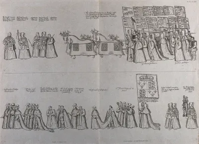 The funeral procession of Queen Elizabeth I, including a gentleman usher with a white rod and the French Ambassador