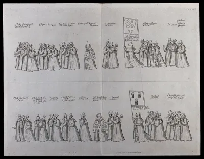 The funeral procession of Queen Elizabeth I, including the Clerks of the Parliament and the Clerks of the Privy Seal