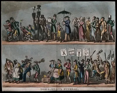 The funeral procession of Tom and Jerry, the mourners including gamblers, pugilists and down-and-outs