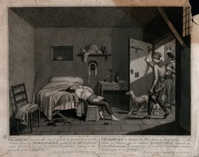 The gaoler opening the door of the prison cell to find Condorcet lying on his bed, having killed himself