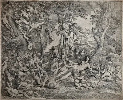 The garden of Venus: Venus surrounded by many cupids who climb trees and a herm