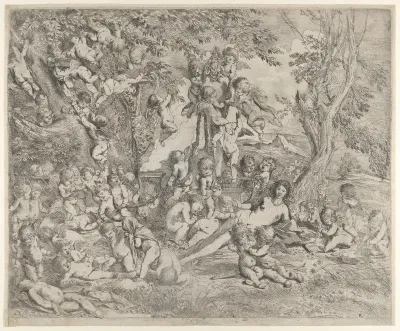 The Garden of Venus who reclines in the centre before a term of Pan and surrounded by cupids