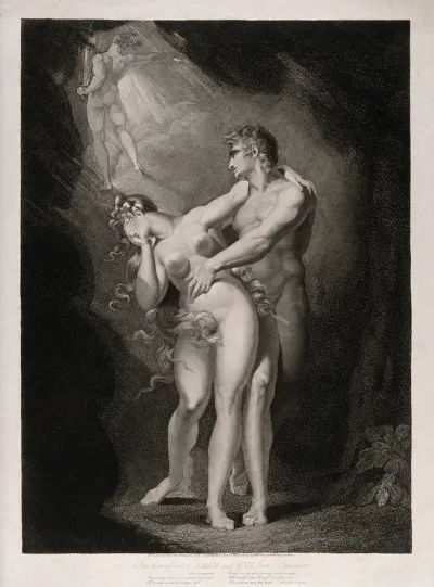 The gates of Eden open to expel Adam and Eve, who stand caught in a terrified embrace
