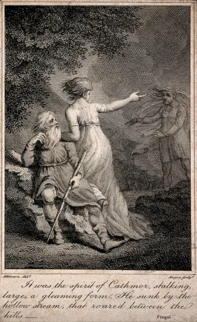 The ghost of Cathmor, king of Atha, arriving at the cave of Clonmel, an aged bard or druid who is accompanied by Sulmalla, a young woman