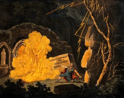 The ghost of Ravia, dressed in white with blood on her dress, appears to her husband Cazem during a storm at night, in front of Gothic ruins, and asks him to avenge her murder