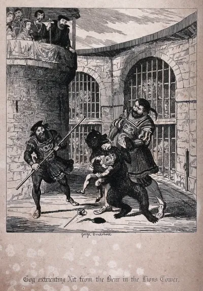 The giant Gog extricating the dwarf Xit from a bear in the Lions Tower at the Tower of London, watched by Queen Mary I