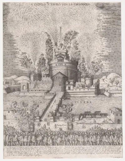 The Girandola at the Castel Sant'Angelo, Rome, from "Speculum Romanae Magnificentiae"