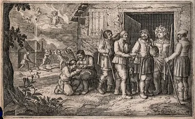 The god Bacchus presenting wine to countrymen; left, Icarus being beaten by drunken men