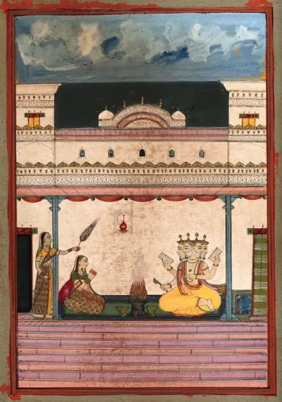 The god Brahma being worshipped by a woman with an attendant