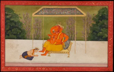 The God Indra Worships Ganesha, folio from the Tehri Garhwal series of the Gita Govinda