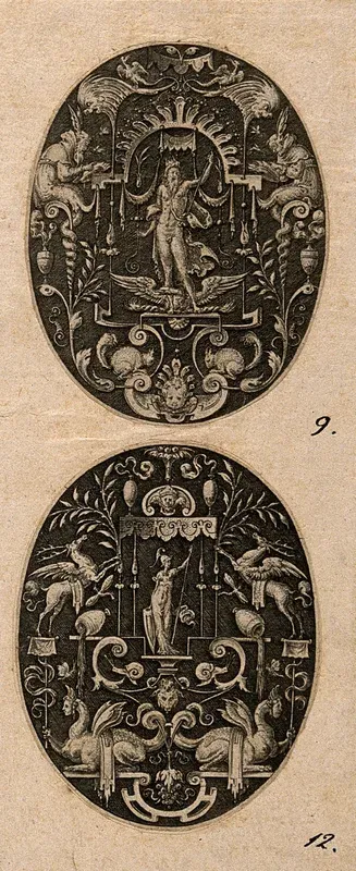 The god Jupiter flanked by two scholars with winged heads and glasses