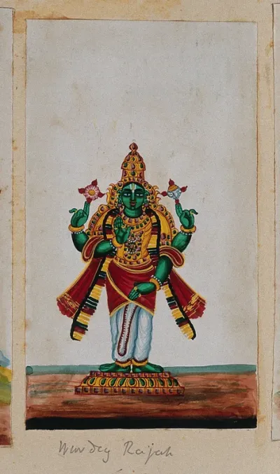 The god Vishnu, holding his attributes the discus and the conch shell