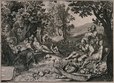 The golden age: men, women and children are playing and enjoying themselves in a grassy, wooded area
