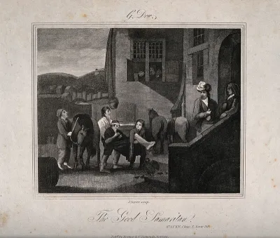 The good Samaritan bringing the half-dead traveller to the inn and providing money for his recovery