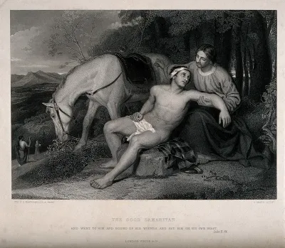 The good Samaritan helping a stranger who has been ignored by a priest and Levite