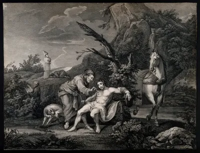 The good Samaritan helping a wounded man while a priest and Levite walk on