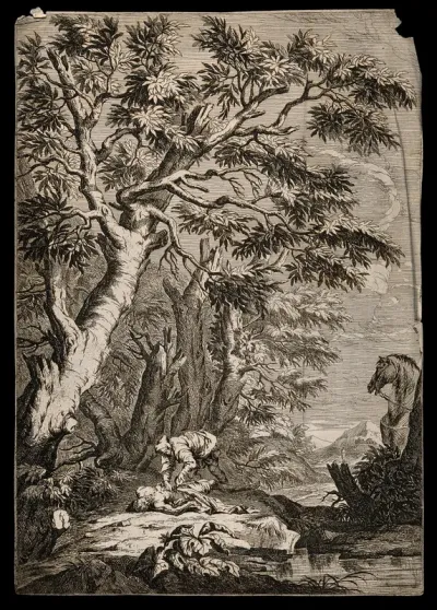 The good Samaritan pouring oils on a wounded half-dead man