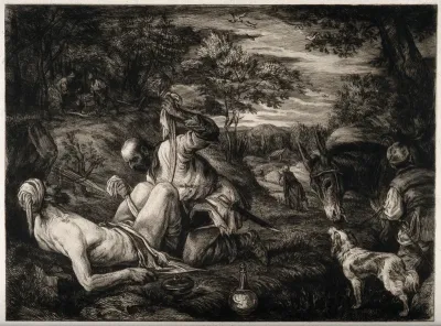 The good Samaritan seeing to a man's wounds while a priest and Levite walk into the distance