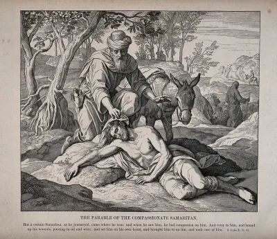 The good Samaritan stops to help a wounded man who has been previously ignored by a priest and Levite