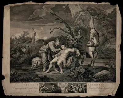 The good Samaritan tending to a wounded man while a priest and a Levite walk on by