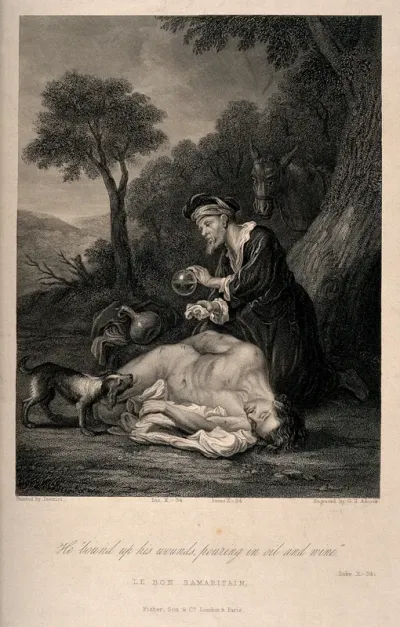 The good Samaritan tending to the wounds of a half-dead man