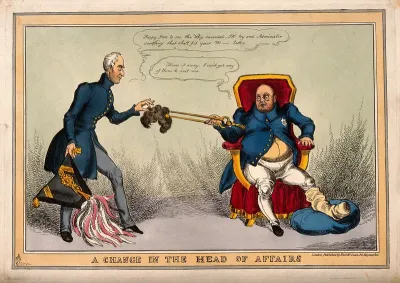 The gouty George IV using tongs to pass his discarded wig to Wellington; representing the Duke's appointment to office as First Lord of the Treasury