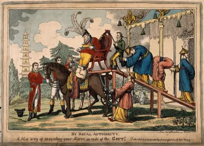 The gouty Prince Regent being helped on to his horse by Chinese assistants using an elaborate contraption outside the Chinese pagoda in Kew Gardens