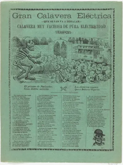 The grand electric skeleton, a large skeleton is hypnotizing a group of skulls and a sitting skeleton, an electric street car in the background