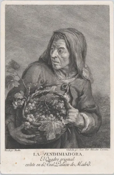 The grape-picker, and elderly woman holding a basket of grapes, after Murillo