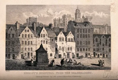 The Grassmarket with Heriot's Hospital in the background, Edinburgh, Scotland