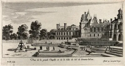 The great chapel and the ballroom at Fontainebleau, with a large courtyard in the foreground