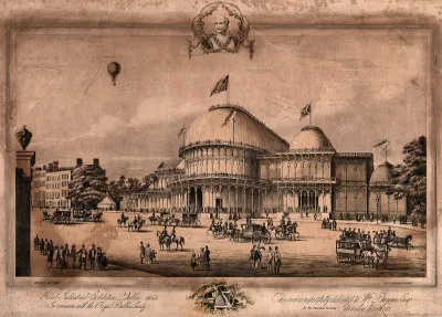 The Great Industrial Exhibition, Dublin, 1853: a hot-air balloon flies above