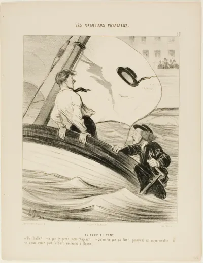 The Gust of Wind. “- Oh blast! I've lost my hat! - Don't worry.... since it is waterpoof.... you won't have a problem reclaiming it at Rouen!,” plate 17 from Les Canotiers Parisiens