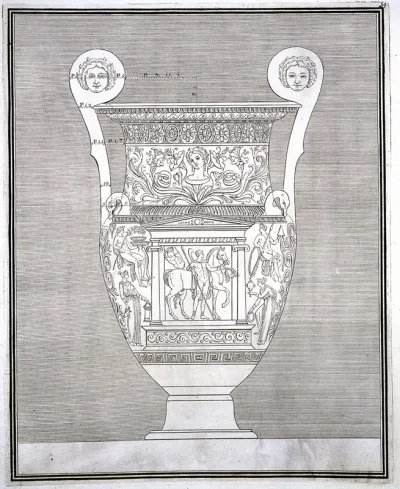 The Hamilton vase: a wine-mixing bowl (krater) painted with a monument in which are a man with a horse, and with other figures; outline drawing from front with measurements