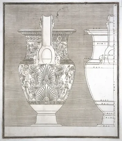 The Hamilton vase: a wine-mixing bowl (krater) painted with a monument in which are a man with a horse, and with other figures; outline drawings from side with measurements