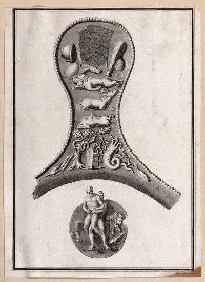 The handle of a silver vessel or pan on which are depicted the labours of Hercules