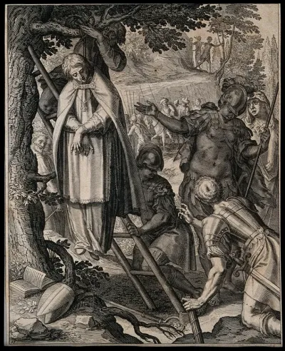The hanging of Saint Maximus of Salzburg; Roman soldiers and other figures in the foreground, an army in the background