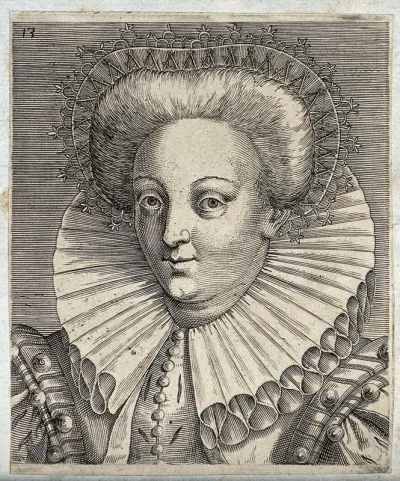 The head and shoulders of a woman who wears a head ornament and a high ruff