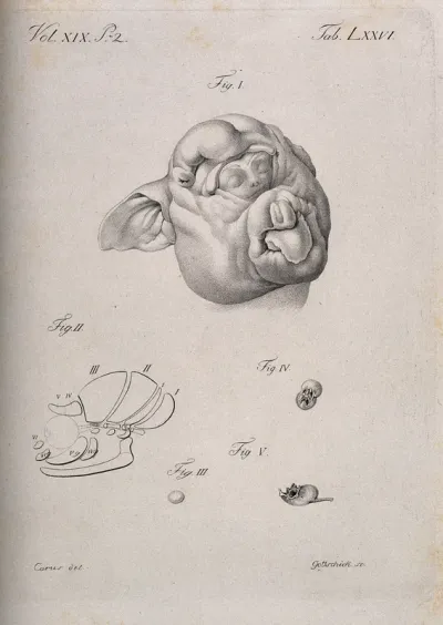 The head of a baby (?), enclosed within the skin of a pig's head, with details showing bones and organs (?)