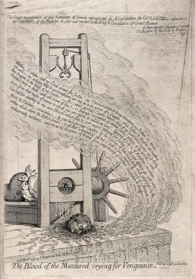 The head of King Louis XVI being cut off by a guillotine