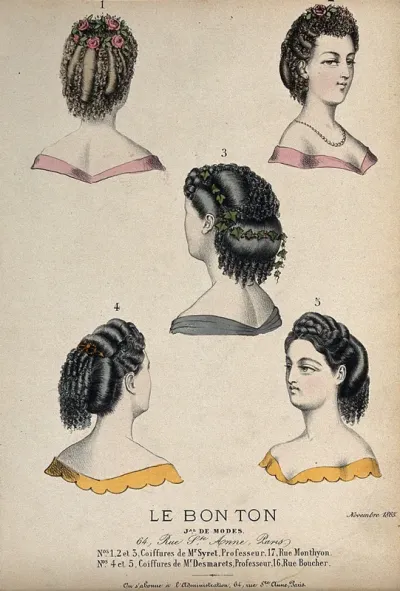 The heads and shoulders of five women with plaited and ringletted hair dressed with flowers and leaves