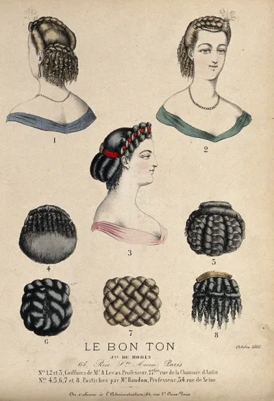 The heads and shoulders of three women with plaited and ringletted hair dressed with beads, ribbons and jewellery; five plaited and ringletted hair-pieces
