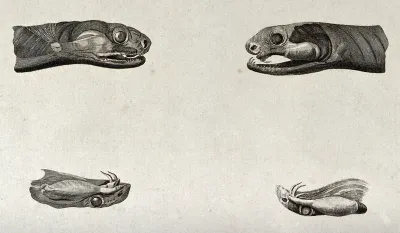The heads and upper palates with fangs of two snakes