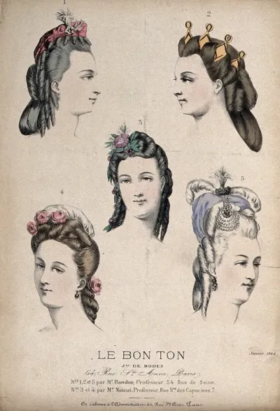 The heads of five women wearing an assortment of head-dresses made up of caps, feathers, flowers and jewellery